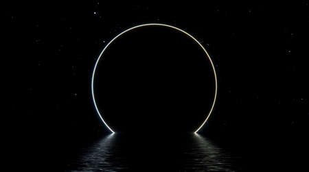 Space scene fantasy portal round gate, star sky neon portal cosmos reflected in water sea. Journey...