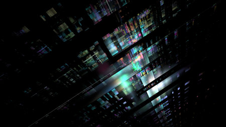 Modern digital 3d building of the city of the future, bright glowing windows, reflections on the...