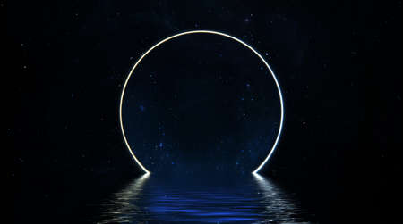 Space scene fantasy portal round gate, star sky neon portal cosmos reflected in water sea. Journey through space glowing portal gate 3D renderの写真素材