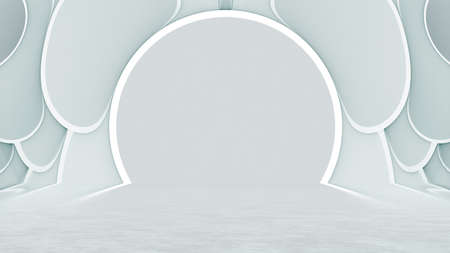 Color futuristic showcase scene background. Modern white round fantastic reflection showcase background, glowing bright elements. 3d renderの写真素材