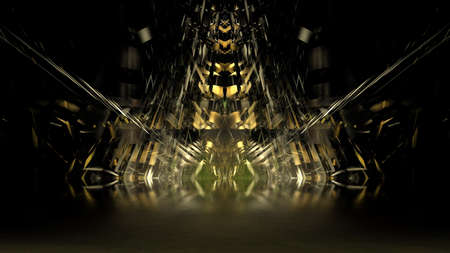 Gold futuristic showcase scene background. Modern dark neon fantastic reflection showcase...