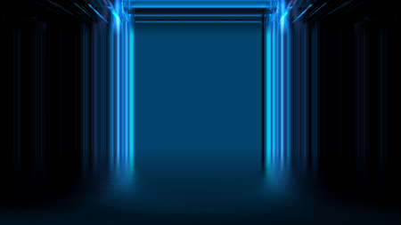 Futuristic showcase neon color light podium stage. Abstract blurred glass transparent background...