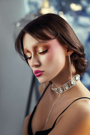 Art Beauty nude sexy woman neon light posing in the studio. Beauty makeup portrait of a woman. Slim perfect body, erotic pose, sexy jewelryの写真素材