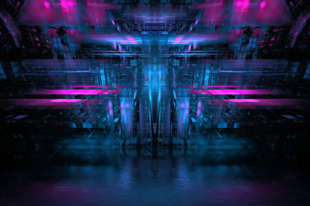 Abstract futuristic background bright neon color. Glowing elements of the building and background,...