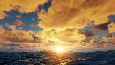 Sunset in the sea, sun in the waves of the ocean. Fantastic sunset in summer on sea, sun melts in...