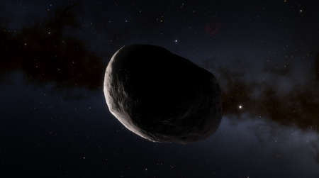 Asteroids flying in space, belt of large metallic Asteroids. Rocks and debris swarm flying through...