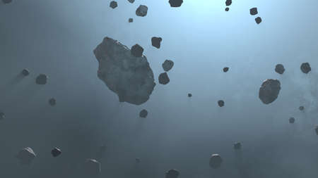 Asteroids field flying in space, belt of large metallic Asteroids. Rocks and debris swarm flying...