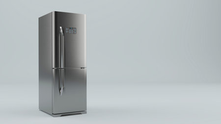 Modern stainless Fridge Refrigerator freezer on a gray background, mockup layout banner. 3d renderingの写真素材