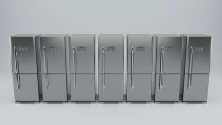 Modern stainless Fridge Refrigerator freezer on a gray background, mockup layout banner. 3d renderingの写真素材