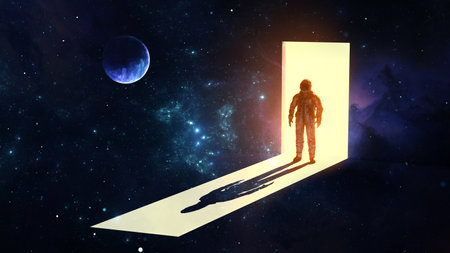 Astronaut cosmonaut stands in doorway from light into darkness of space. Silhouette of man in spacesuit, shadow, portal to the unknown. In search of new stars and galaxies. 3d illustrationの写真素材