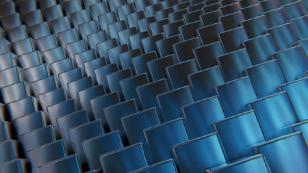Digital cubic abstract background of blue color, metal squares, reflection, digital space. 3d...