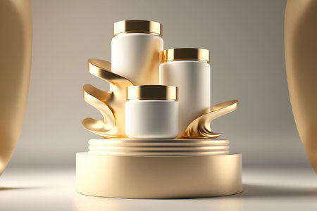 Natural beauty empty podium backdrop product display gold and white color. 3d renderingの写真素材