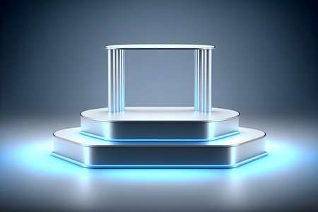 Metallic chrome blue podium, reflection, neon glass, geometric shapes, futurism, pastel colors. A showcase for a beauty product. 3d renderingの写真素材