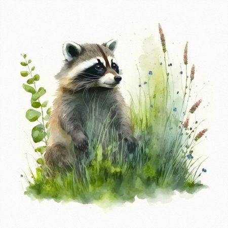 Cute raccoon is sitting in the field among wildflowers and grass. watercolor illustrationの写真素材