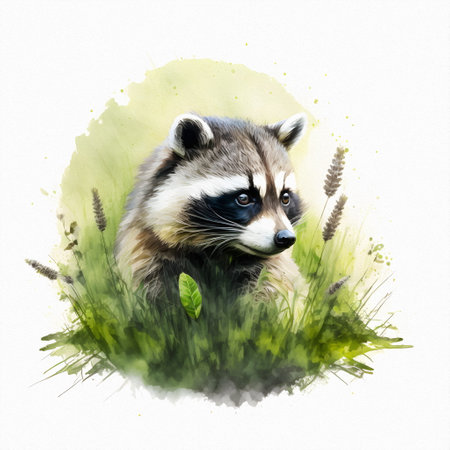 Cute raccoon is sitting in the field among wildflowers and grass. watercolor illustrationの写真素材