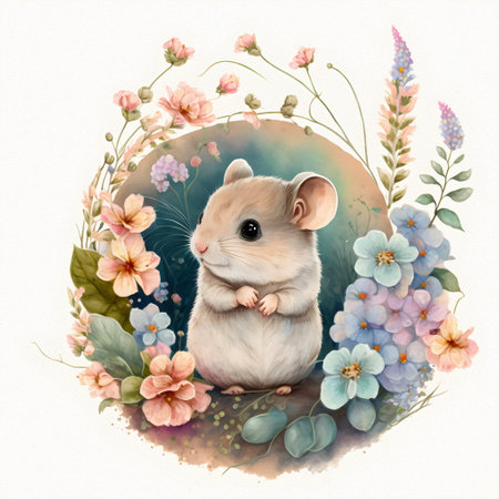 Small young mouse is sitting in the field among wildflowers and grass. watercolor illustrationの写真素材