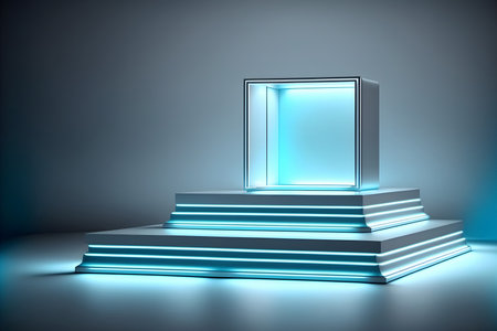 Metallic chrome blue podium, reflection, neon glass, geometric shapes, futurism, pastel colors. A showcase for a beauty product. 3d renderingの写真素材