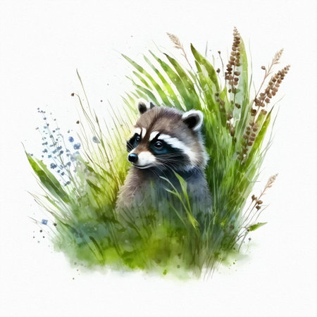 Cute raccoon is sitting in the field among wildflowers and grass. watercolor illustrationの写真素材