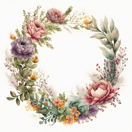 Beautiful wreath of flowers, herbs and plants. Drawing for a book, postcard, print. watercolor illustrationの写真素材