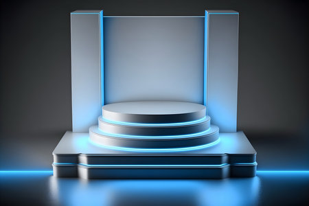 Metallic chrome blue podium, reflection, neon glass, geometric shapes, futurism, pastel colors. A showcase for a beauty product. 3d renderingの写真素材