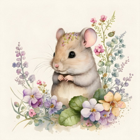 Small young mouse is sitting in the field among wildflowers and grass. watercolor illustrationの写真素材