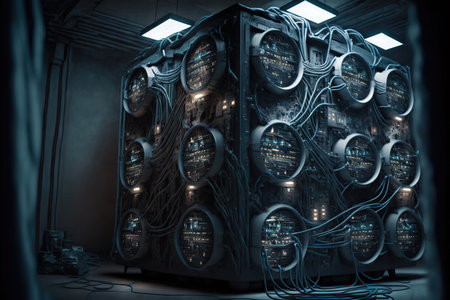 Big quantum mega computer. Computer center, fantasy cyberpunk. wires from the computer server. 3d...