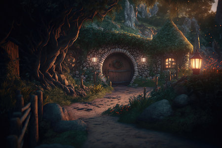House of the hobbit hole. Fantasy Village Shire, houses with round doors and windows. The fabulous landscape of the Lord of the Rings at sunset. 3d illustrationの写真素材