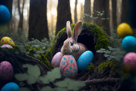 Easter rabbit in forest hole among Easter eggs. Fluffy rabbit is looking for colored decorated eggs...