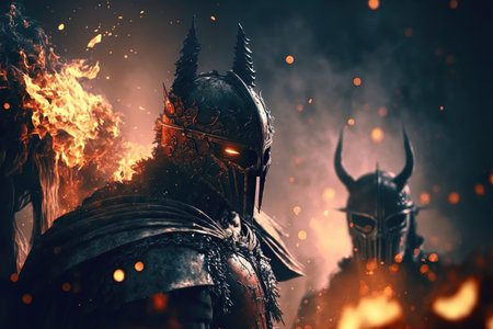 Knights on battlefield after victory. Everything is on fire. Knights are a warrior in armor and...