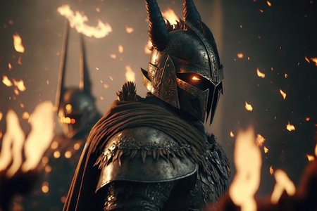 Knights on battlefield after victory. Everything is on fire. Knights are a warrior in armor and helmets. Medieval Fantasy Battleの写真素材