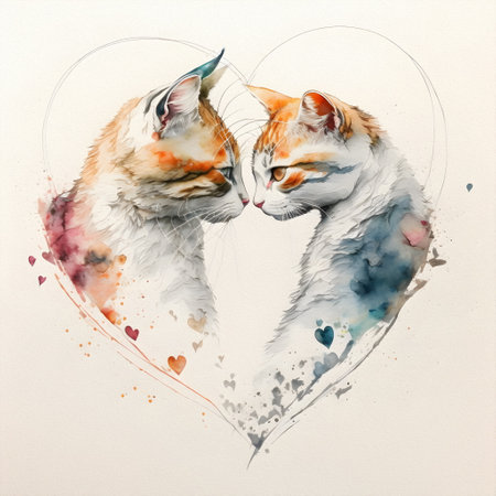 Two cats kissing, in the shape of a heart, Valentines Day and all lovers. watercolor illustrationの写真素材