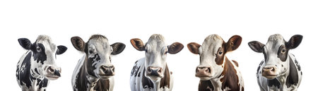 Beautiful cows on a white background. Farm Cow isolated on white, rural livestock black and white gentle surprised look, cattle portrait, copy spaceの写真素材