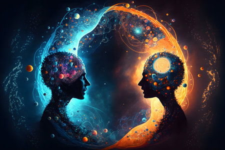 Two souls talking in the astral realm of the multiverse. Stars of the galaxy and planets inside the mind. Portrait, relationship and loveの素材