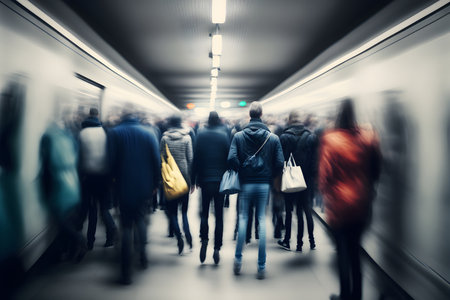 Crowd of people in the subway, a blurry background in motion. People are rushing to the subway a cluster of men and womenの素材