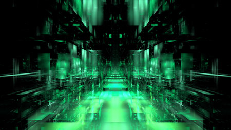 Digital interior building portal podium. Hi tech Abstract data center server tunnel. Business technology blurred Polygonal geometric digital cyberpunk space, color light. 3D renderingの写真素材