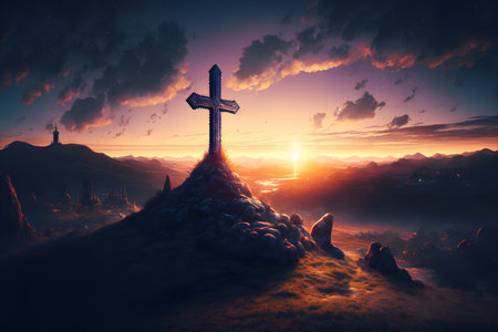 Shining cross on Calvary hill, Golgotha. blue sky sunset. Cross is a symbol of faith and love. Grave on the mountain, sunriseの素材