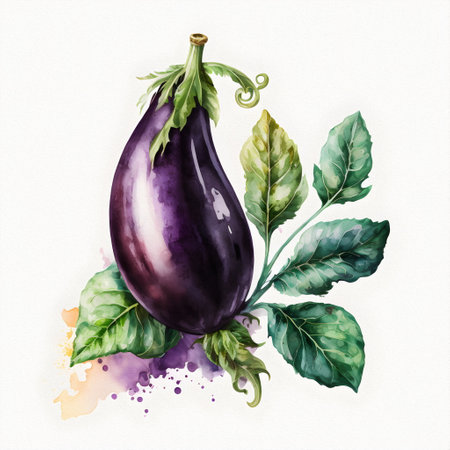 Purple eggplant vegetable, dark-fruited nightshade. Illustration of eggplant on a white background. Proper Nutritionの写真素材