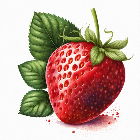 Strawberries are ripe berries. Illustration of strawberries with green leaves on a white background. Proper nutrition, ripe strawberriesの写真素材