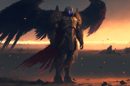 Battle archangel warrior in armor. Big wings on his back, Angel of revenge on battlefield. Messenger of God. 3d illustrationの素材