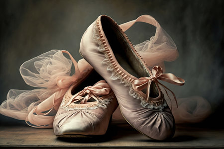 Pointe shoes, ballet shoes. Ribbon bow on pointe shoes, performance in the theaterの素材