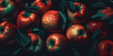 Wet fresh apples close-up, vitamins. A large number of apples in a boxの素材