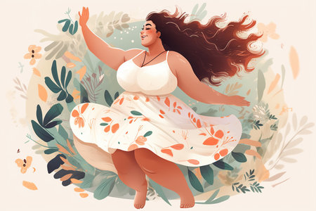 Beautiful body positive happy woman, flirtatious, self confident woman model of a large size, shaking her plump belly and jumpingの素材