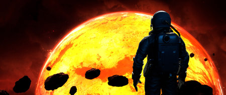 Astronaut cosmonaut discovery of new worlds of galaxies panorama, fantasy portal to far universe. Astronaut space exploration, gateway to another universe. 3d renderingの写真素材