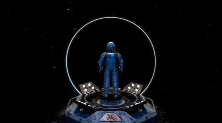 Astronaut cosmonaut discovery of new worlds of galaxies panorama, fantasy portal to far universe....