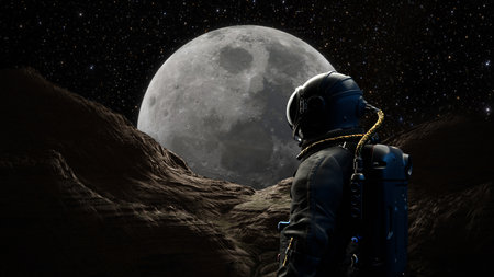 Astronaut cosmonaut discovery of new worlds of galaxies panorama, fantasy portal to far universe. Astronaut space exploration, gateway to another universe. 3d renderingの写真素材