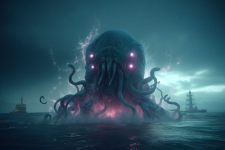 Monster Cthulhu attacked city and boats at seaport pier. Apocalypse monster with tentacles, fear horrorの素材