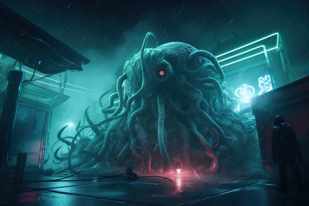 Monster Cthulhu attacked city and boats at seaport pier. Apocalypse monster with tentacles, fear horrorの素材