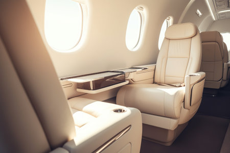 First class business seat on the plane. Comfortable air travel. private jet. Beautiful VIP Leather Business Class Chairの素材