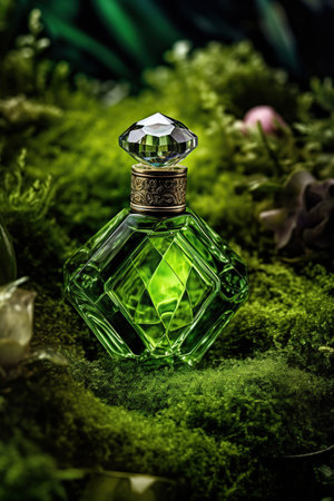 Beautiful perfume bottle in the forest on the moss. natural forest fragranceの素材