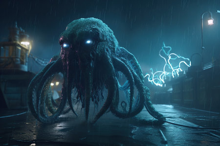 Monster Cthulhu attacked city and boats at seaport pier. Apocalypse monster with tentacles, fear horrorの素材